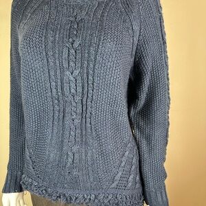 One A Women's Cable Knit Crew Sweater in Navy Blue